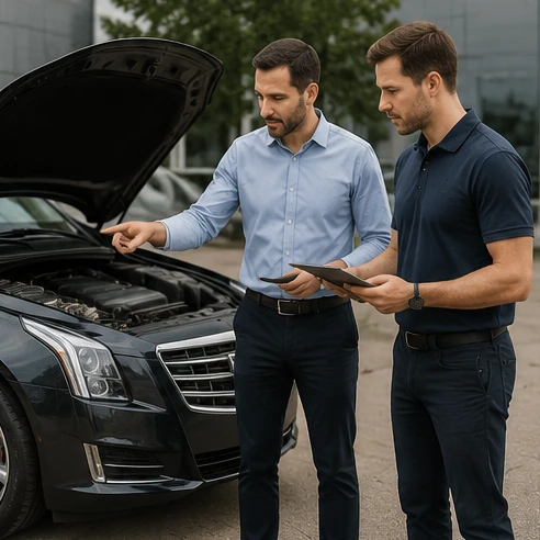 Vehicle inspection checklist process with a used Cadillac XTS being examined before purchase