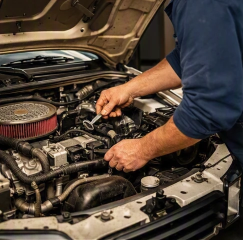 Person inspecting the engine bay and service records of a vintage used compact car with a flashlight during daytime evaluation