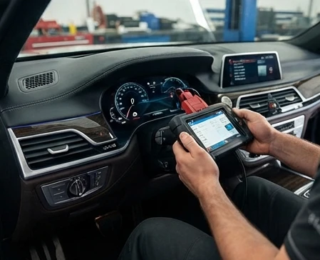 Mechanic performing a diagnostic scan on a pre-owned luxury car dashboard inside a specialized garage