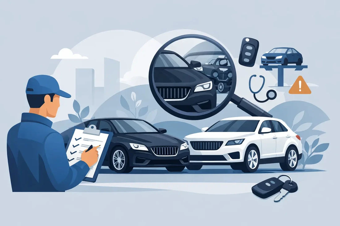 Used luxury vehicle inspection with paperwork, service records, and verification documents beside the car