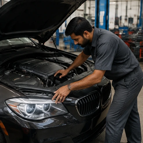 Used luxury car undergoing careful inspection for condition and maintenance concerns