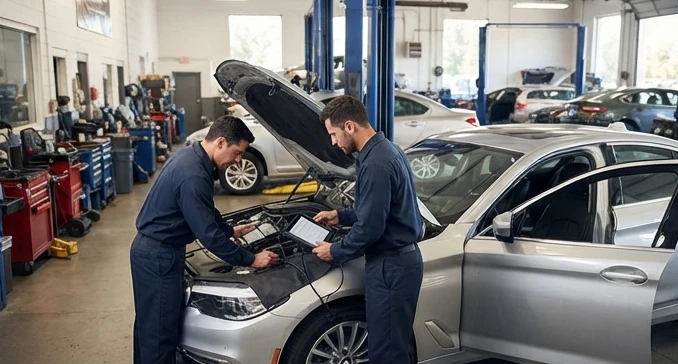 Detailed inspection of a used luxury vehicle showing mechanical and interior checks