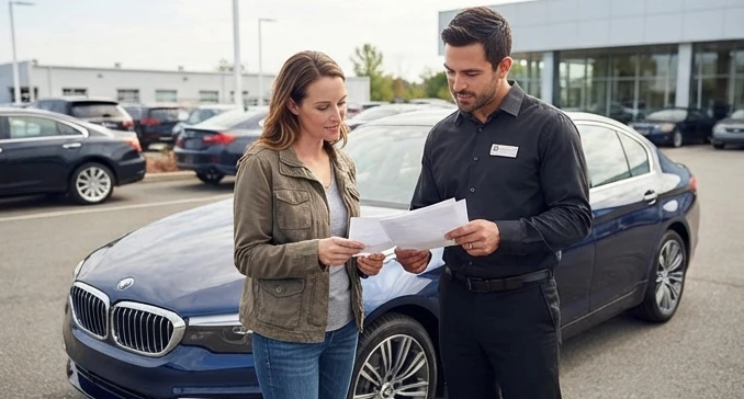 Buyer negotiating used luxury car price with inspection report at dealership