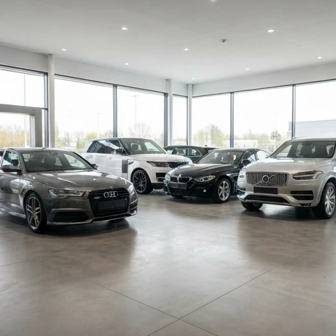 Used luxury cars under ,000 comparison with varied premium sedans and SUVs in an editorial setting