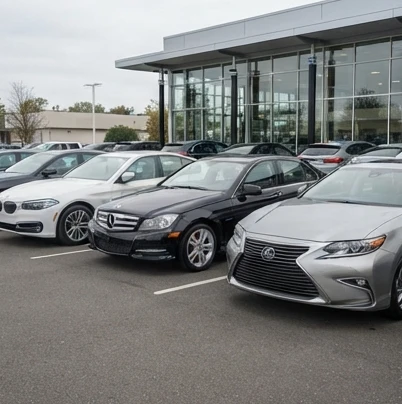 Multiple used luxury sedans representing different brands in an automotive comparison setting