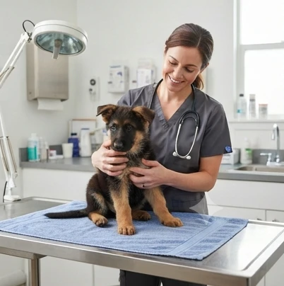 A veterinarian gently examining a German Shepherd puppy with health records visible on a clean clinical table
