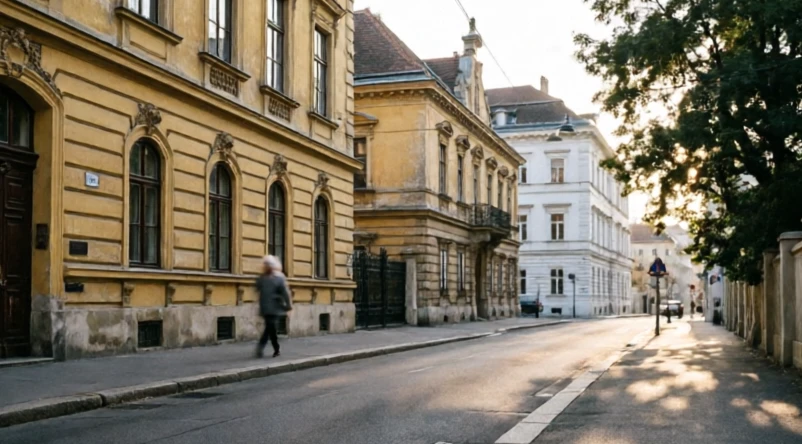 Pension Excellence Vienna location in Josefstadt showing a quiet central district street near cultural landmarks and transport links