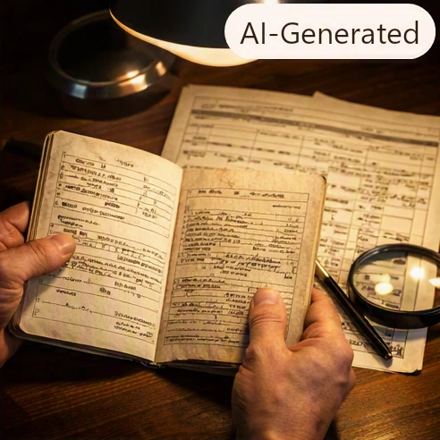 Vintage factory build sheets and ownership records spread across a wooden table next to a magnifying glass