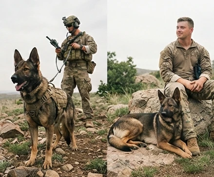 Side-by-side military working dogs contrasting mission alertness with a calm handler bonding moment