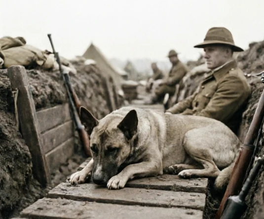 Regimental mascot dog sitting among New Zealand soldiers, distinct from trained military working dogs