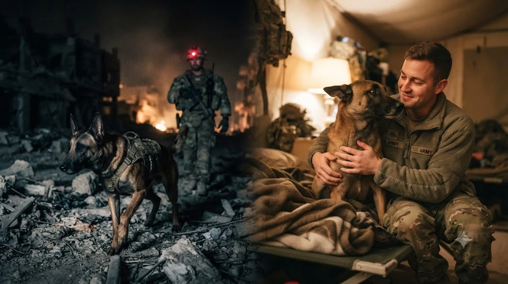 Military working dog scene blending dramatic combat lighting with a softer emotional moment