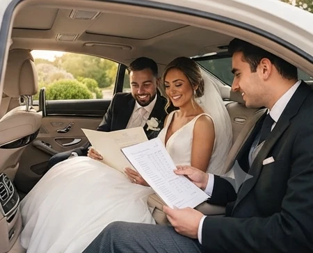 Couple reviewing a wedding car booking confirmation checklist with a chauffeur