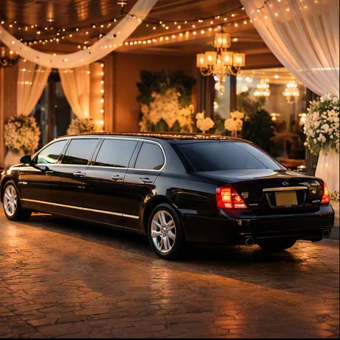 Luxury limousine prepared for a wedding event with elegant arrival setup