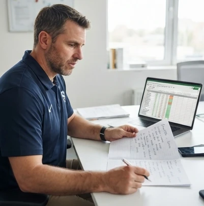 A football coaching staff discussing a weekly lineup spreadsheet and practice availability notes