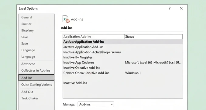 Windows Excel Options menu with Add-ins selected