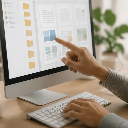 Hands managing downloaded Word 2007 template files on a computer with document folders and file formats