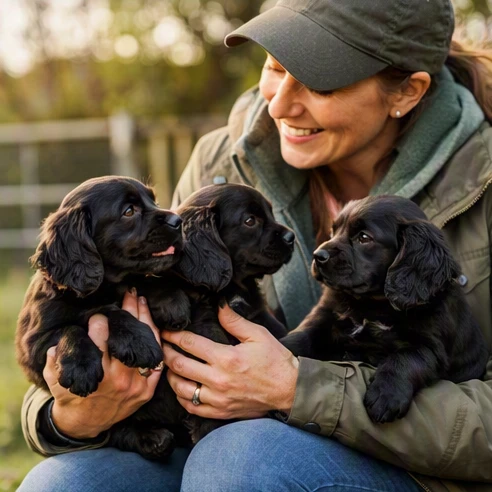 Black working Cocker Spaniel puppies with breeder reviewing their early environment and lineage