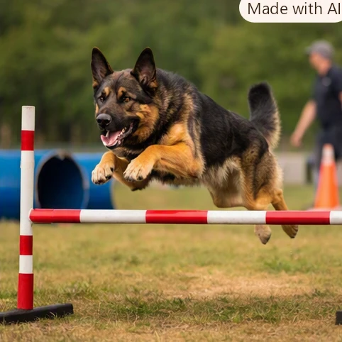 A focused German Shepherd working outdoors with a trainer during obedience and agility drills, showing high energy and responsiveness