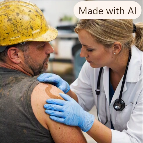 Employee receiving workplace injury assessment with occupational healthcare provider in clinic setting