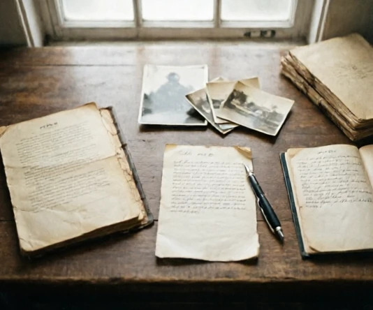 Weathered World War I military records and photographs spread out for historical verification